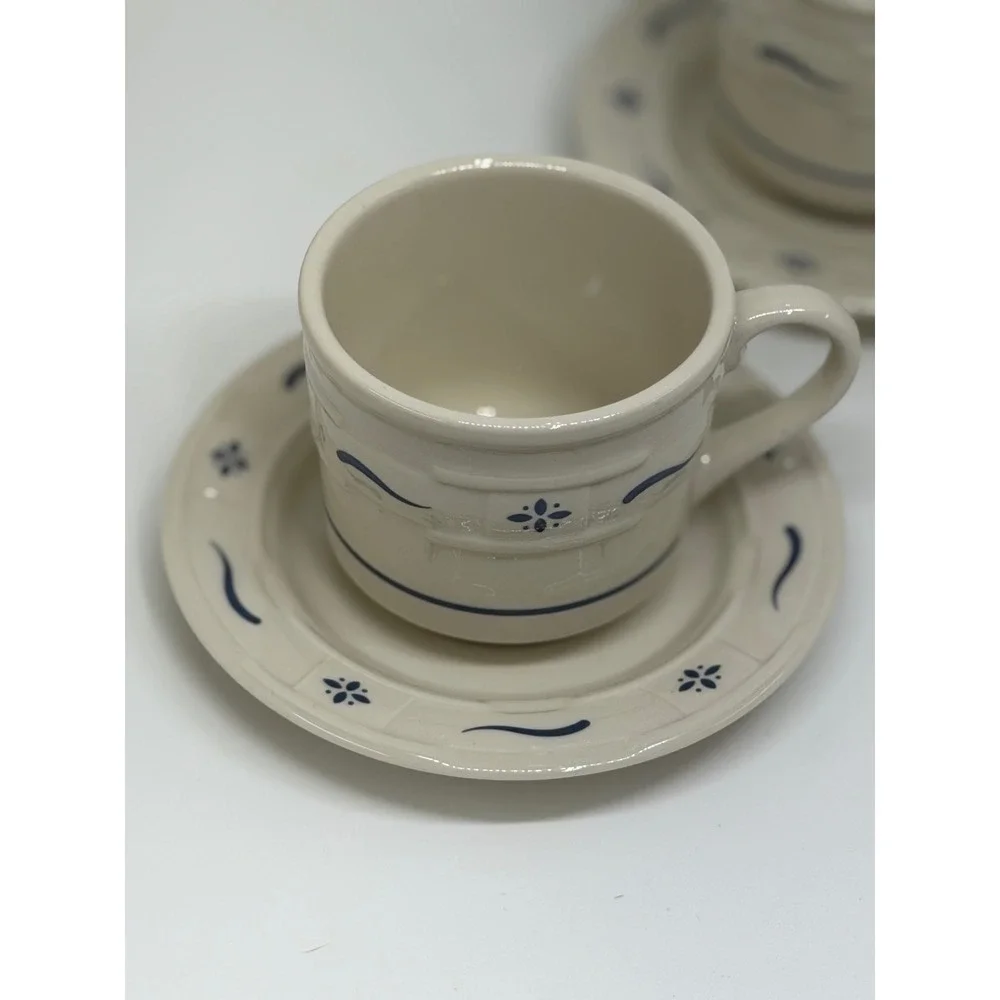 Longaberger Pottery Woven Traditions Tea Cup Saucer Heritage Blue Set‎ of 2 VTG
